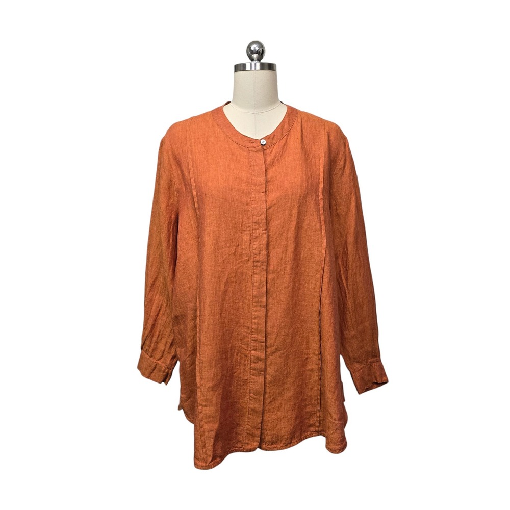 Poetry 100% Linen Burnt Orange Band Collar Tunic Blouse Womens US Size 12